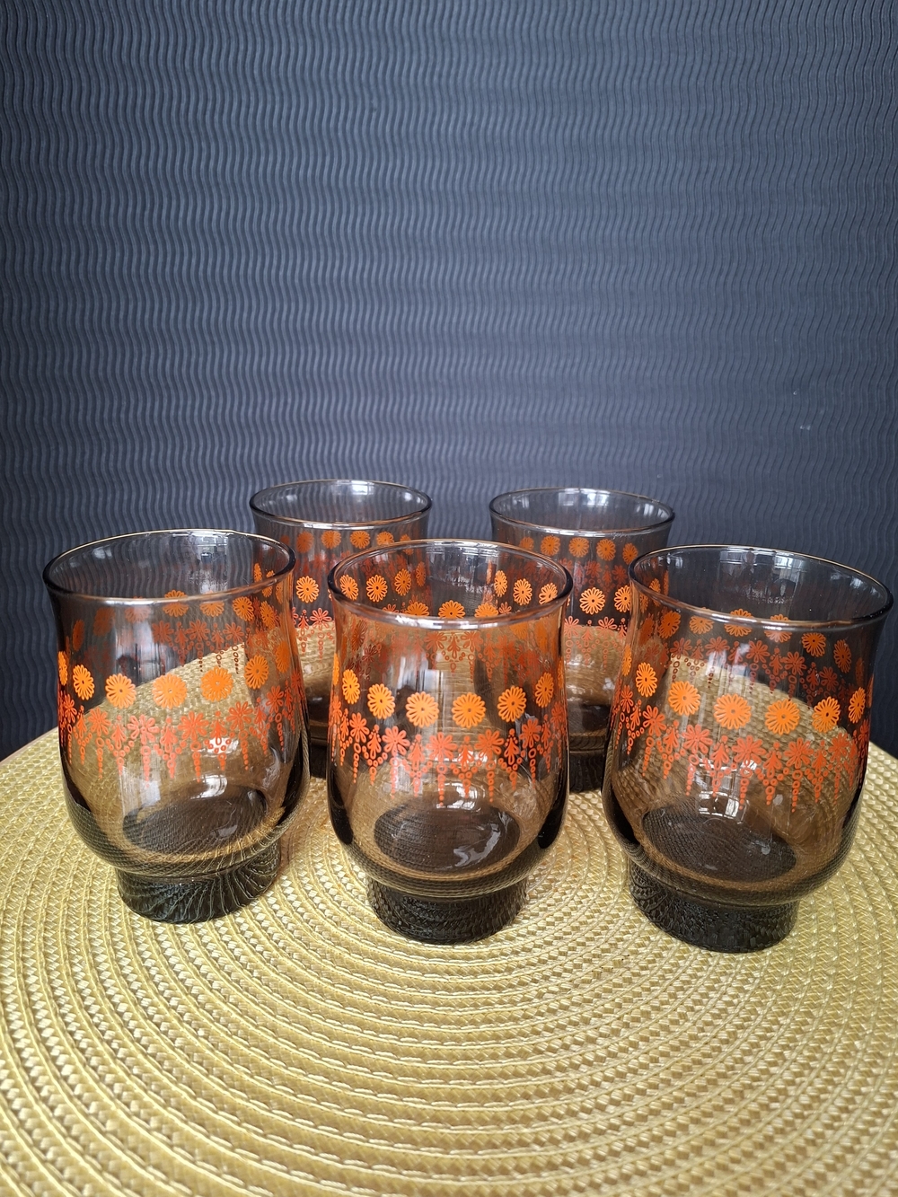 Vintage Dominion Glass Set of 5 Amber Tumblers Orange Floral 70s Canadian Glass - Picture 3 of 5